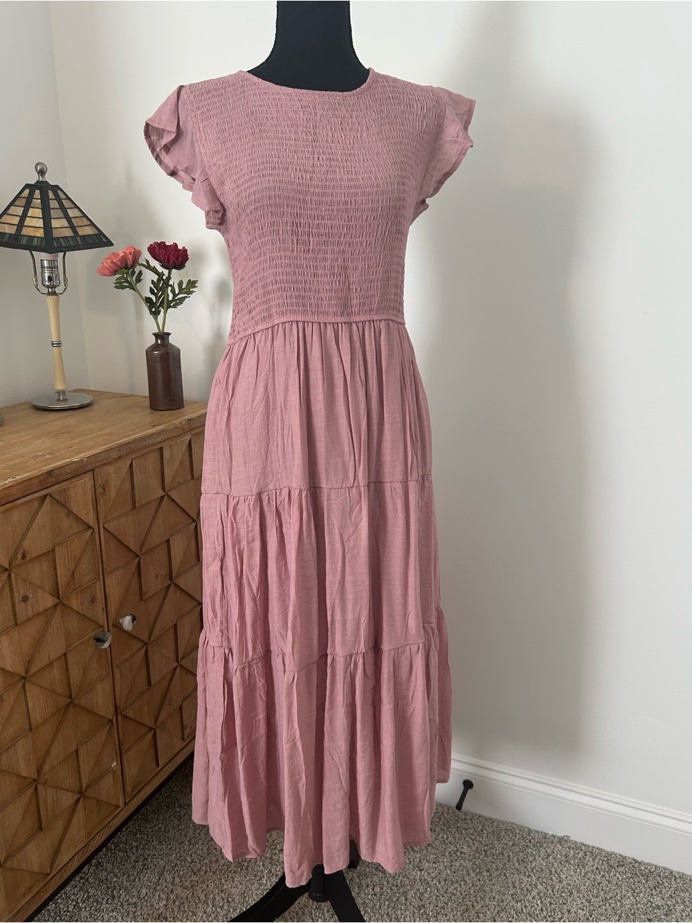 Boho Smocked Midi Dress Mauve Pink Tiered Cottagecore Large NWT (Runs Small)  🌸